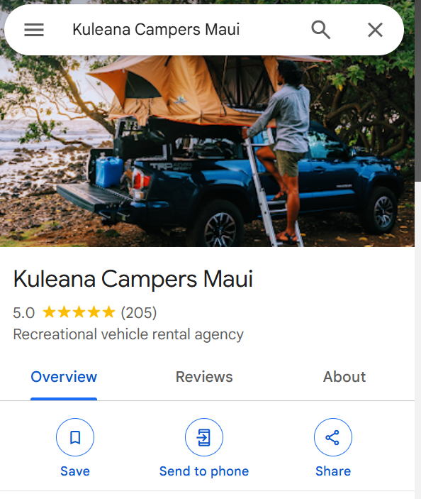 camper rental company Kuleana Campers Maui have 5 star google reivew